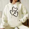 Waffle hooded long sleeved heart-shaped printed sweatshirt