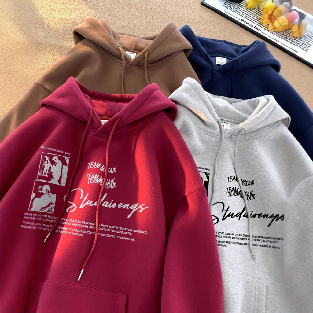 Retro Hoodie Men's Autumn Winter Heavy Weight Fleece Lined Loose Fit Hooded Sweatshirt Outerwear