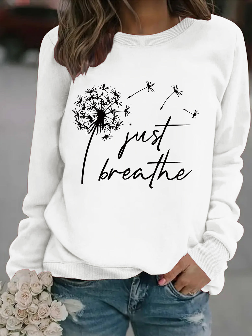 Round neck JUST dandelion print pullover sweatshirt