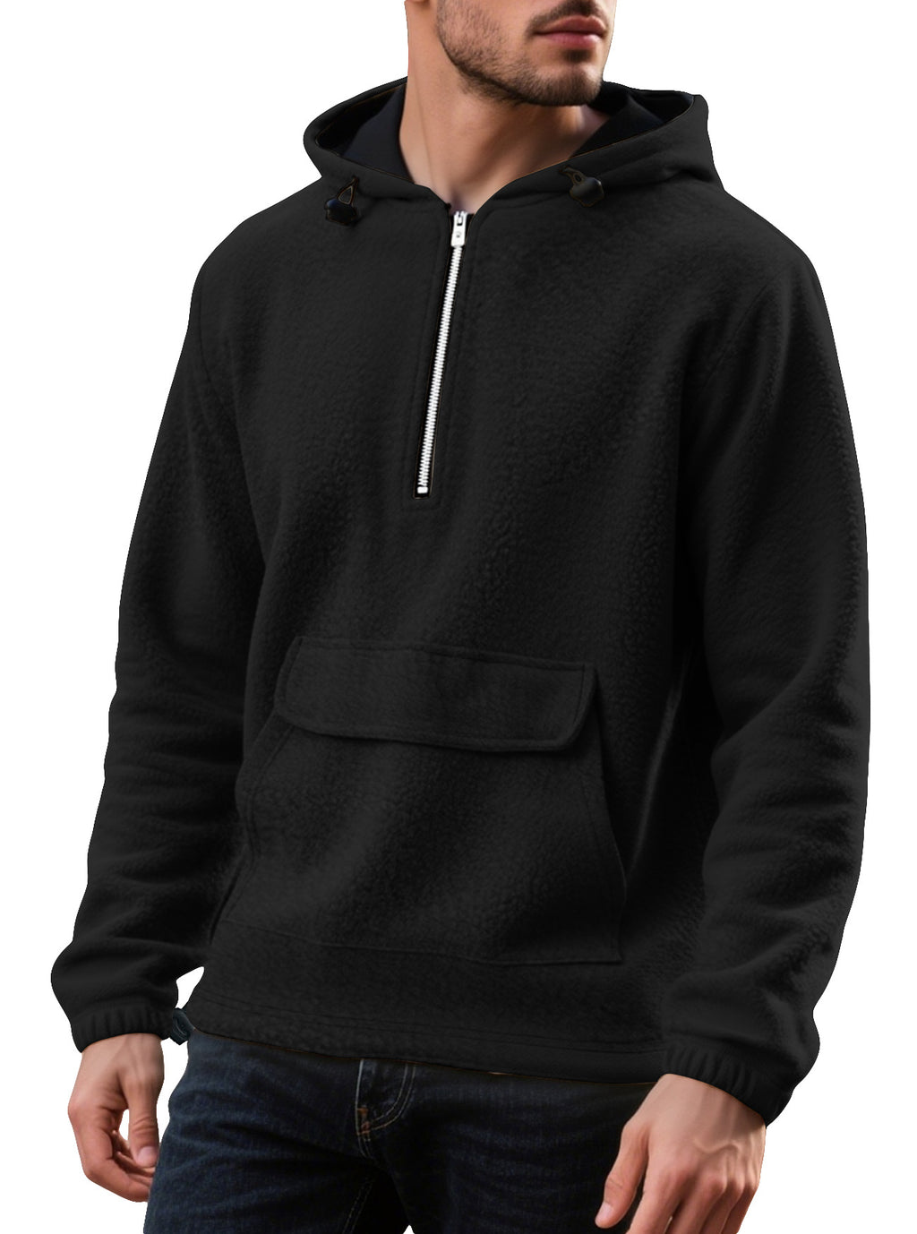Solid color half zip hooded men's pullover