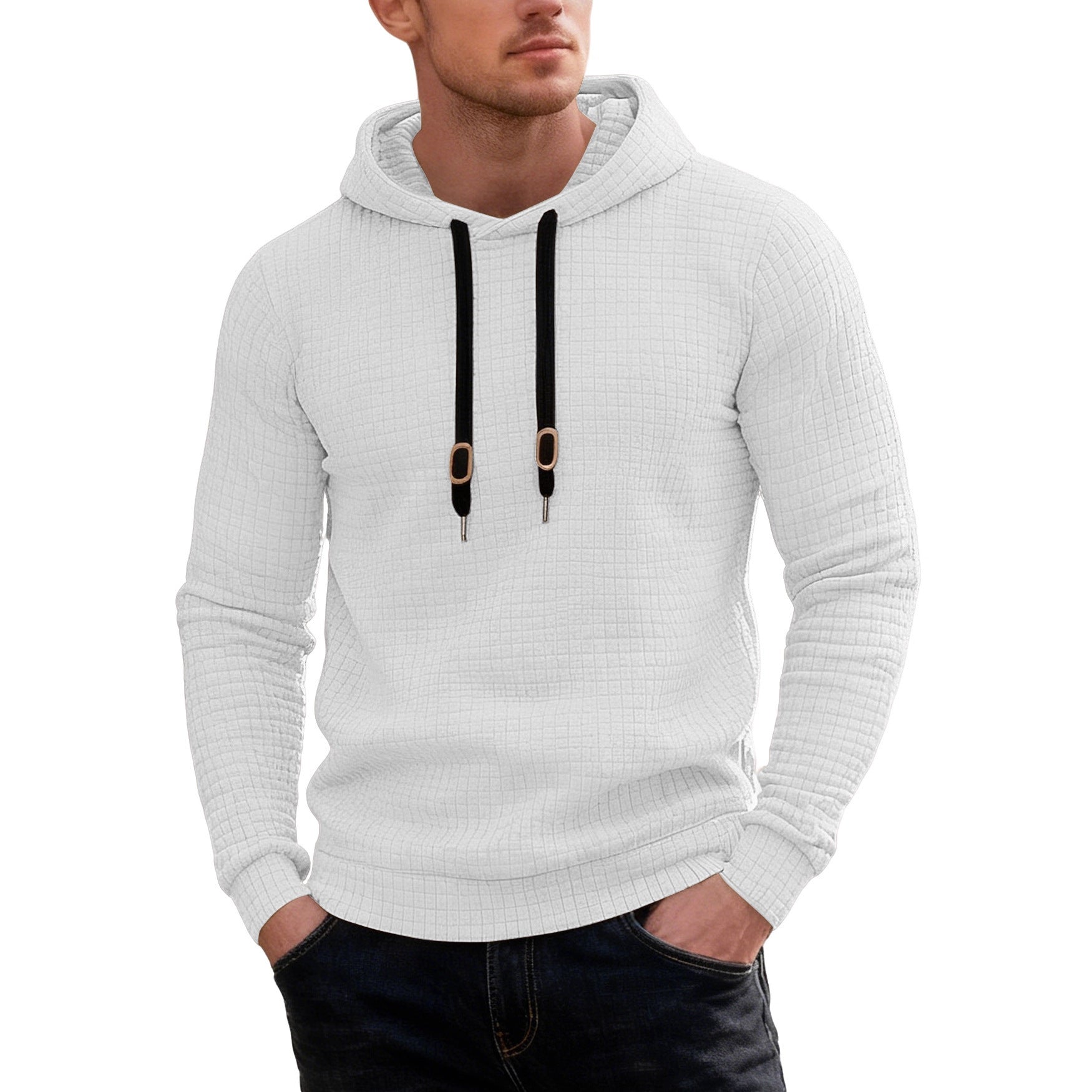 Long sleeved hooded sweatshirt with drawstring for men