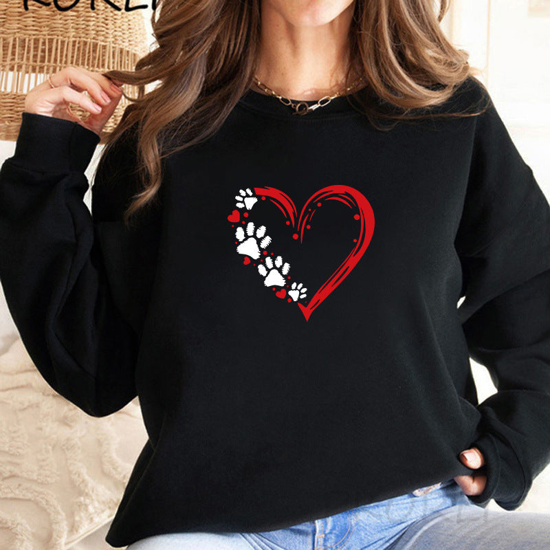 Back collar with fleece hoodie round neck heart-shaped print