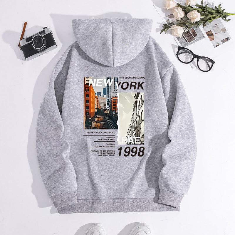NEW YORK City Printed Hoodie with Back Collar and Velvet