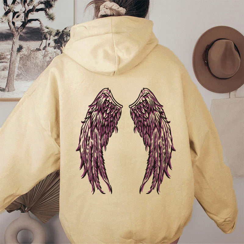 Angel wing print hooded back collar with fleece hoodie