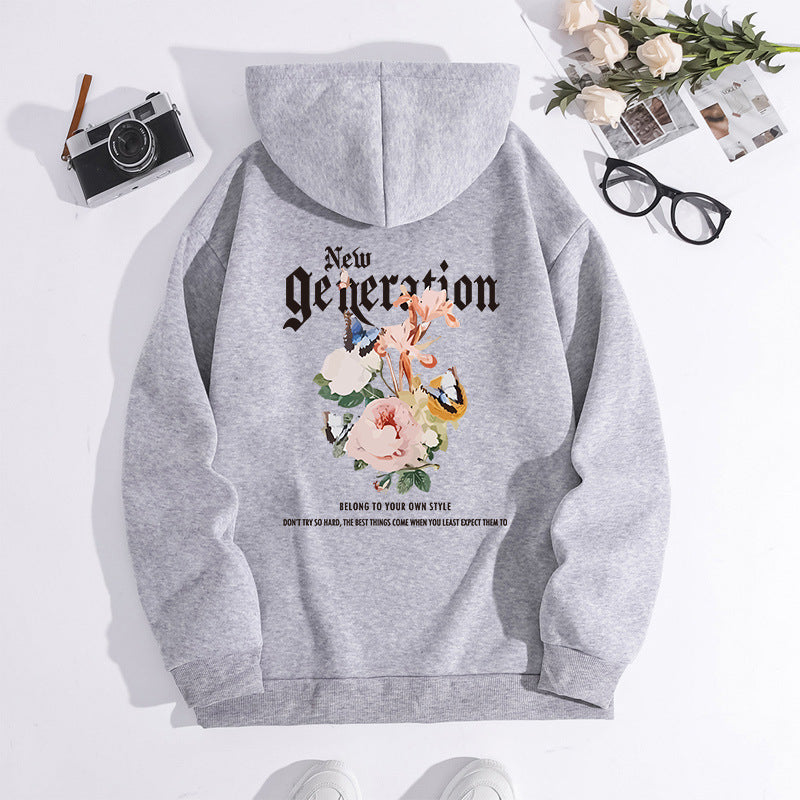 Flower print hooded sweatshirt with back collar and fleece