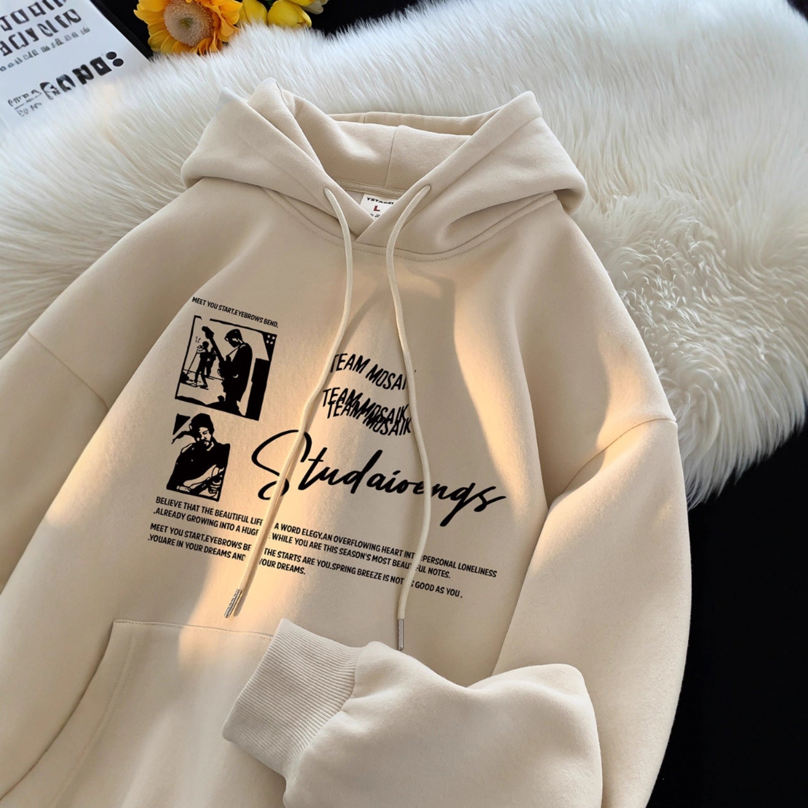 Retro Hoodie Men's Autumn Winter Heavy Weight Fleece Lined Loose Fit Hooded Sweatshirt Outerwear