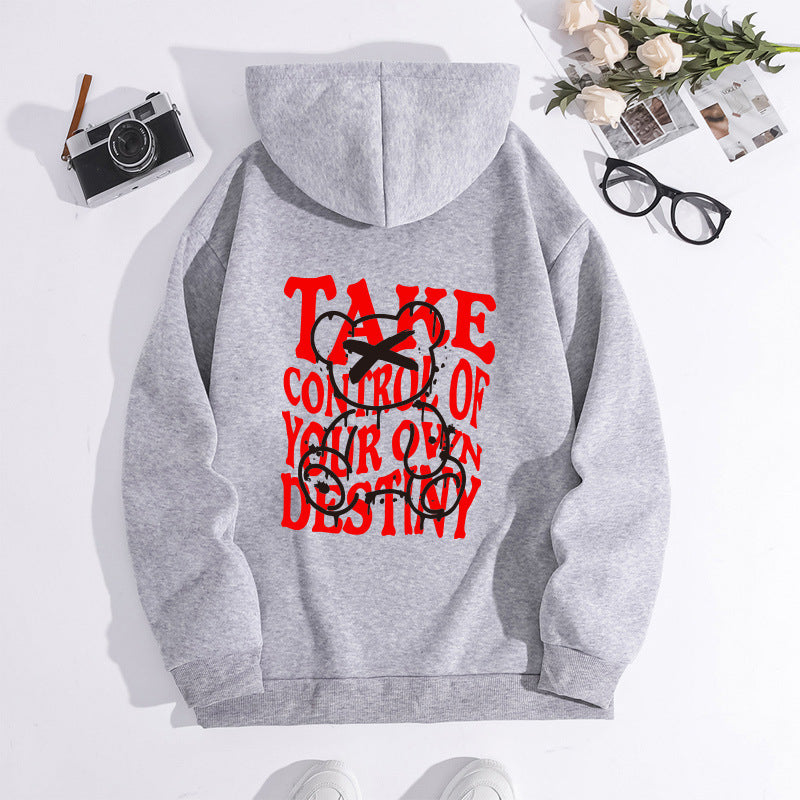 Letter printed hooded sweatshirt with back collar and fleece