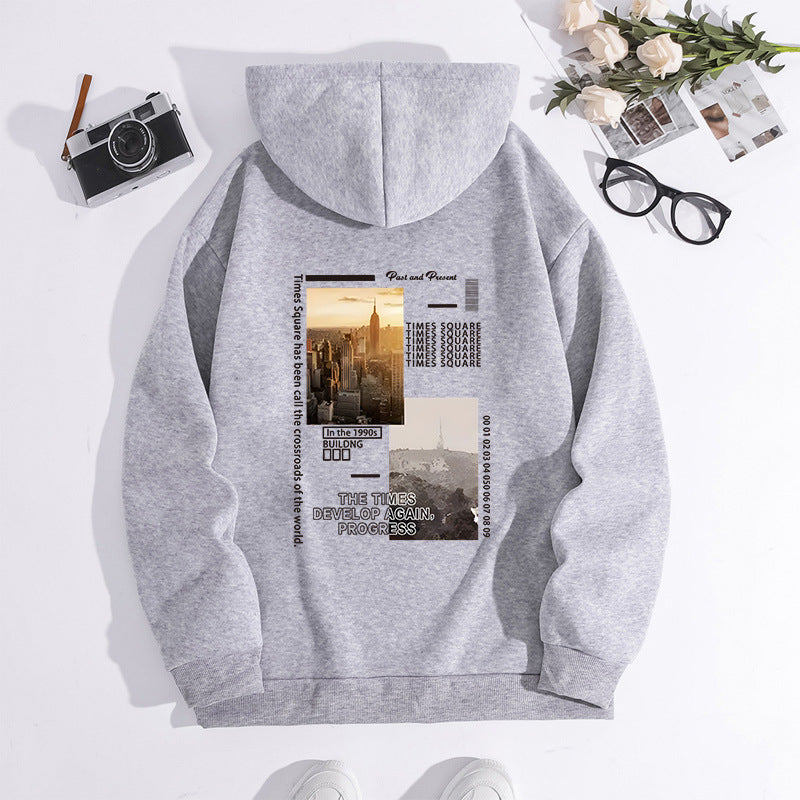 City Landscape Printed Hoodie with Back Collar and Velvet Hoodie