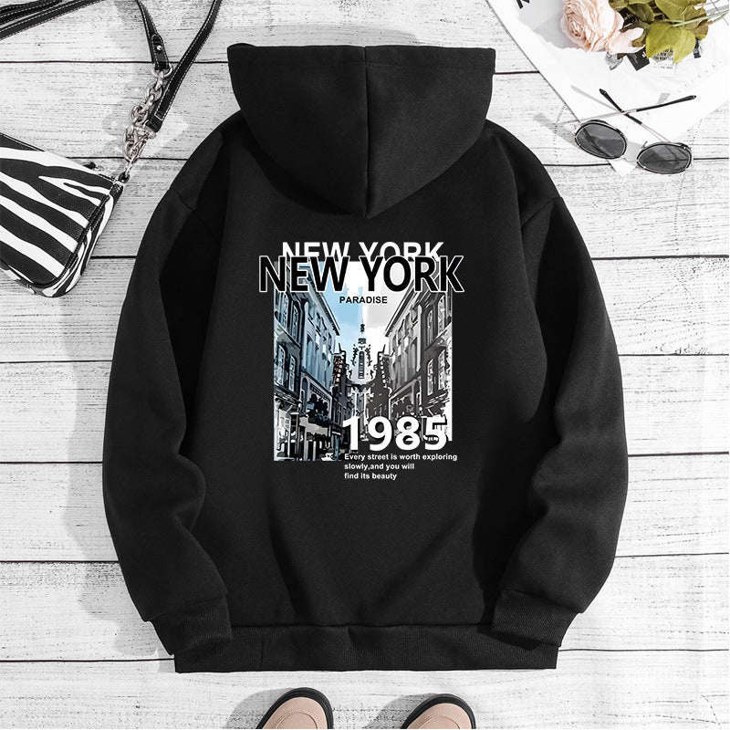 NEW YORK City Printed Hoodie with Back Collar and Velvet