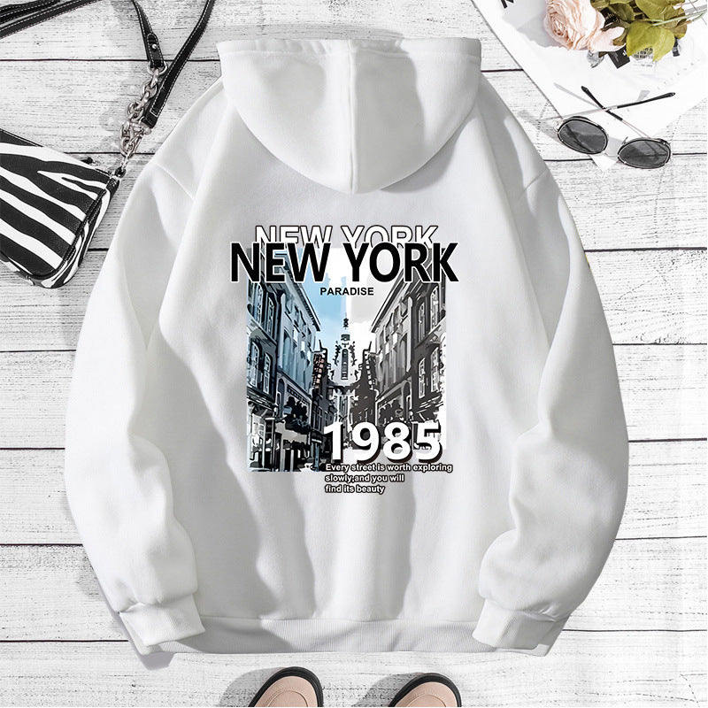 NEW YORK City Printed Hoodie with Back Collar and Velvet