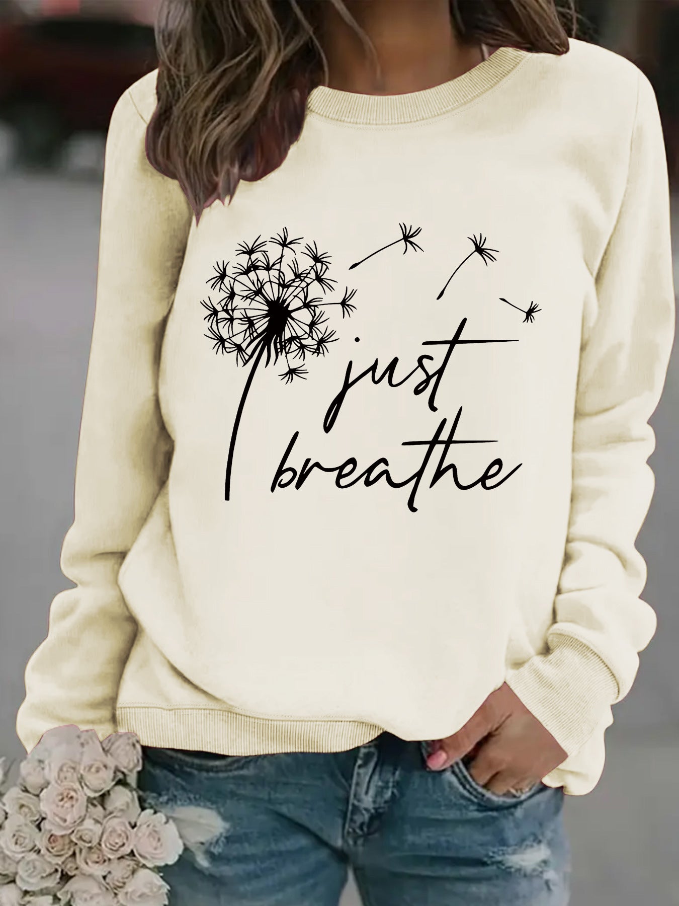 Round neck JUST dandelion print pullover sweatshirt