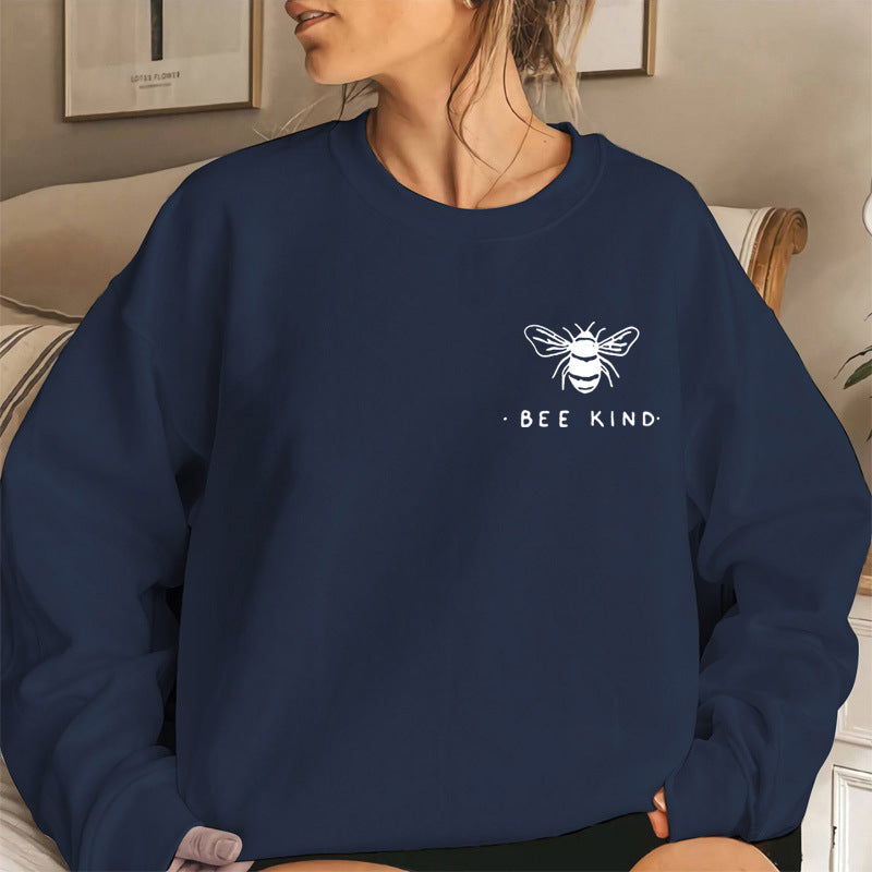 Back collar fleece hoodie round neck bee print